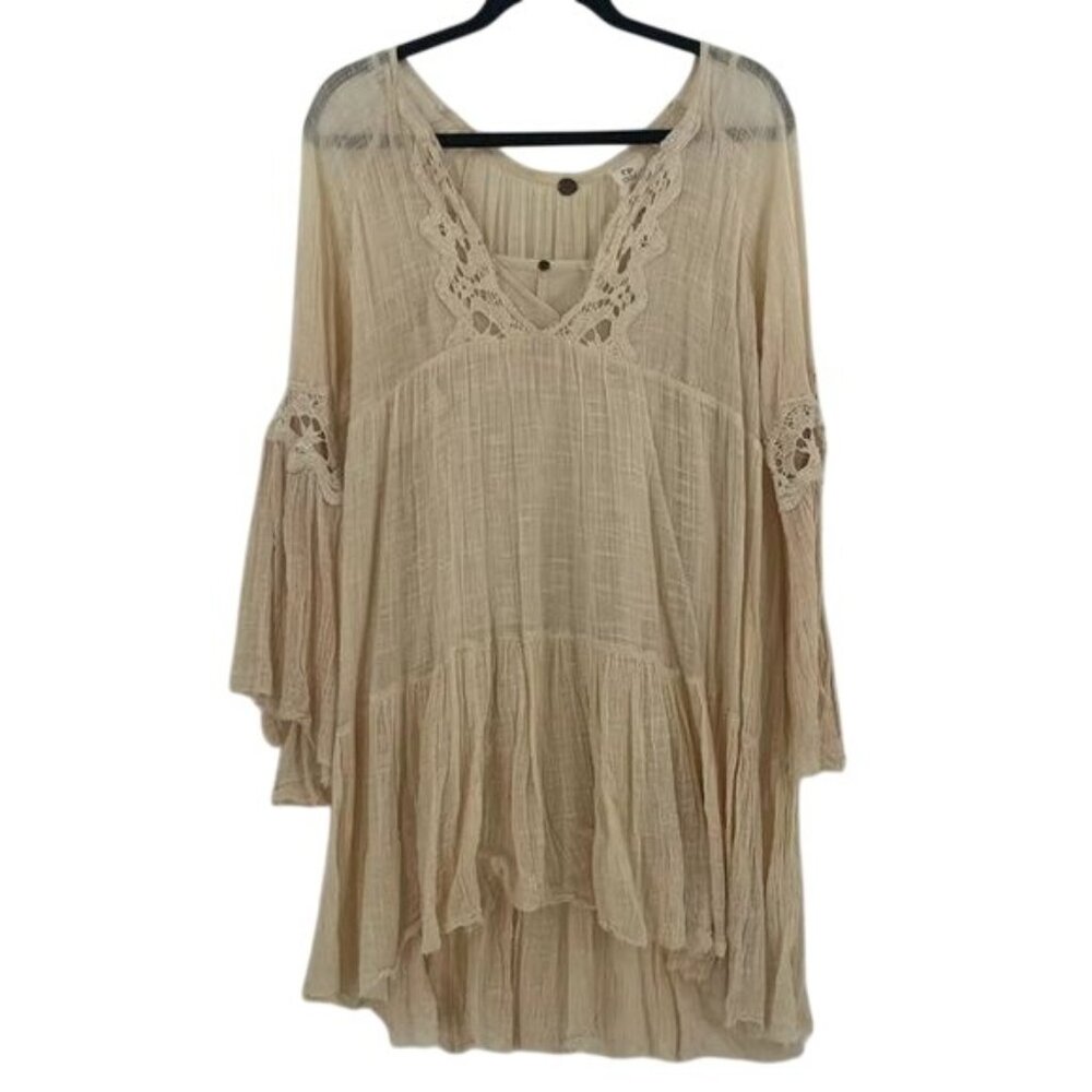 Free People x Free People One Gauzy Boho Cream Crochet Trim Mini Tent Dress - Picture 5 of 11